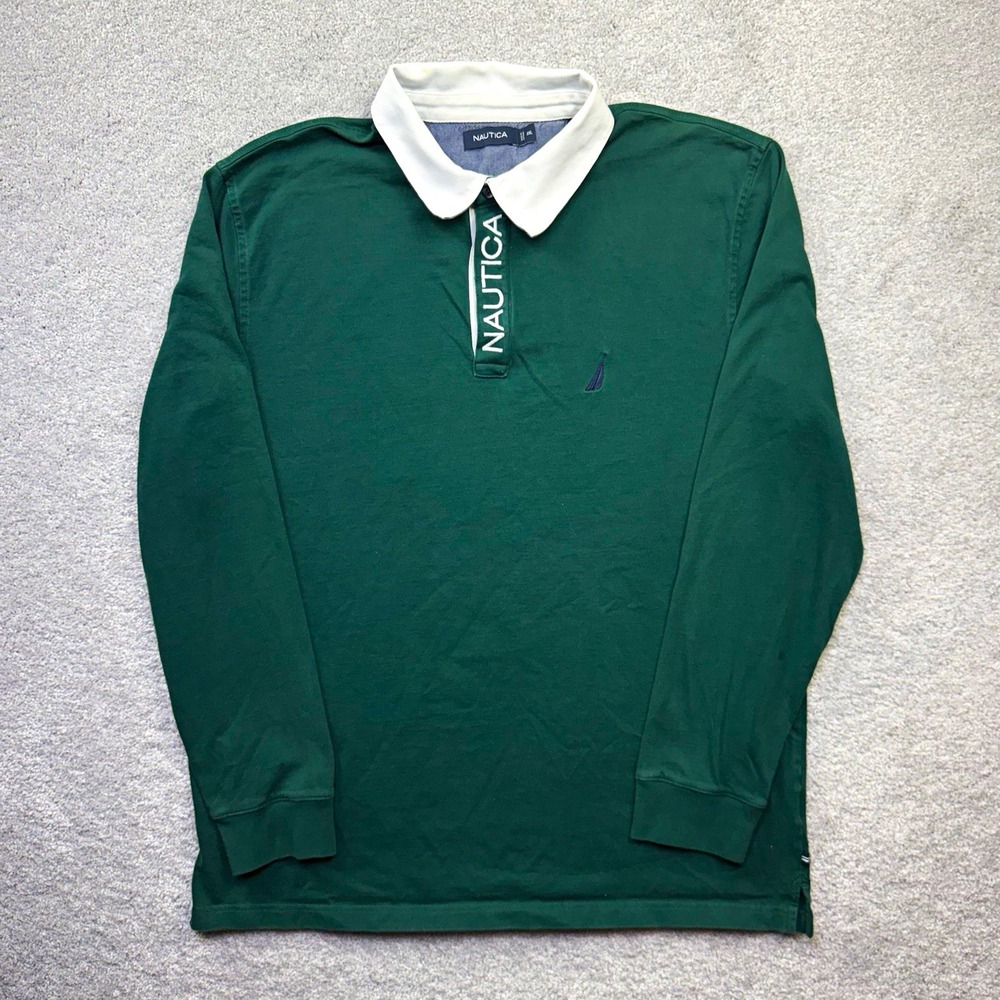 Vintage 90s Nautica Competition Mens XXL Green Long Sleeve Rugby Shirt Spellout